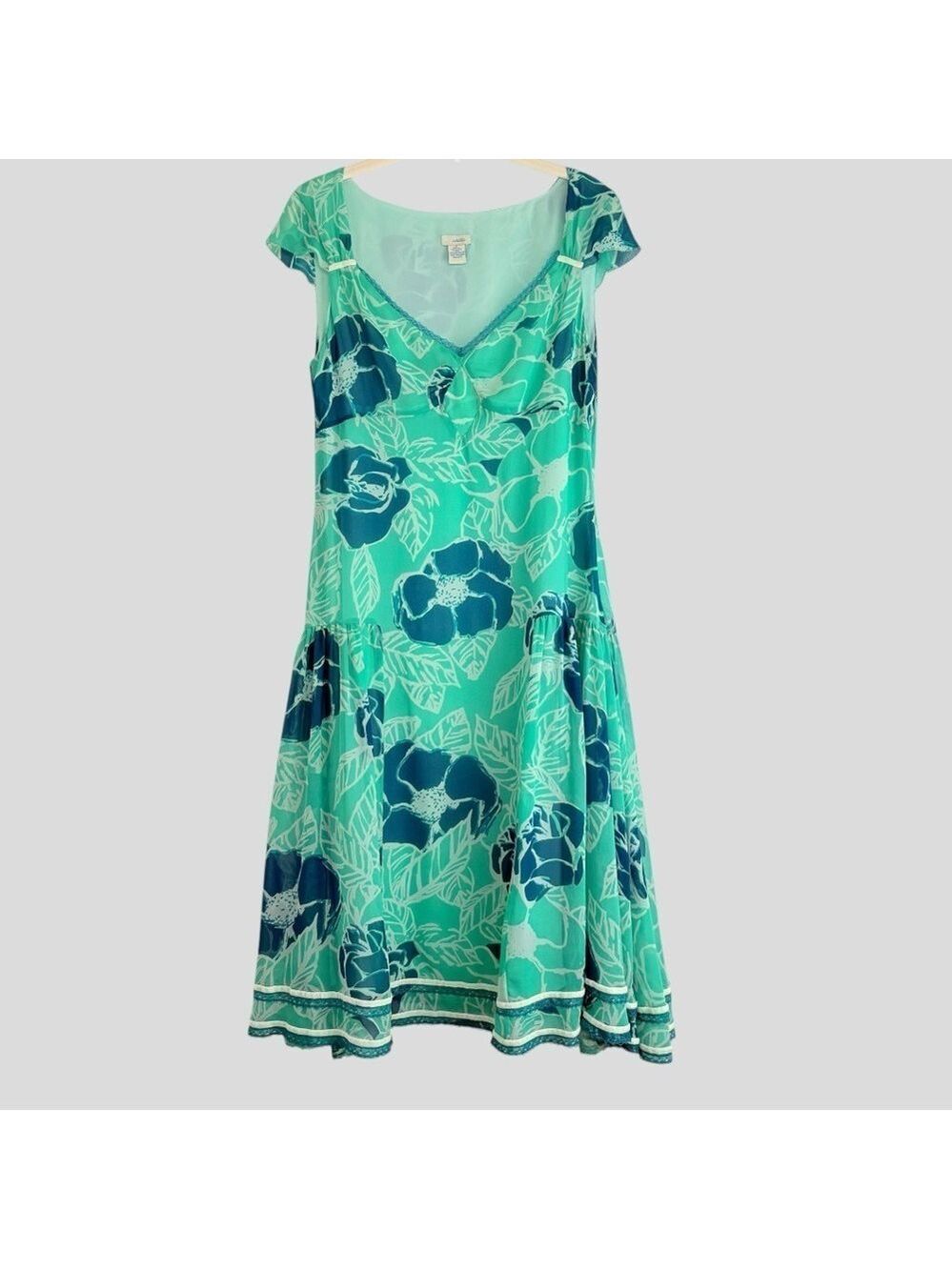 Odille 100% Silk Drop Waist Dress 6 Teal Floral Velvet Lace 90s Y2K Whimsigoth - Picture 15 of 15